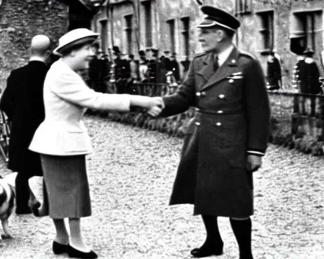 Prompt: ultra wide 1 9 4 6 blurry historical photo of a single german general shaking hands with a young queen elizabeth in a french village, her corgis are nearby highly detailed, sharp focus