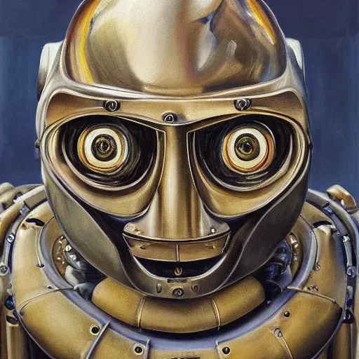 Image similar to high quality high detail painting by lucian freud, hd, portrait of futuristic highly detailed symmetrical robot, photorealistic lighting