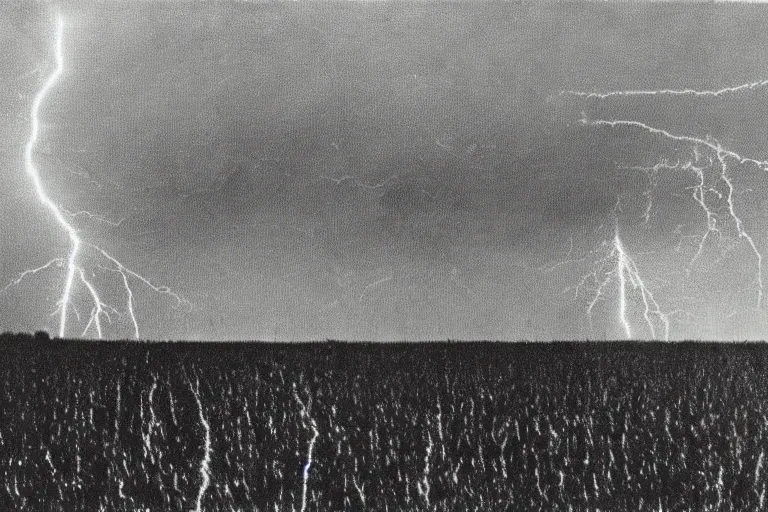 Image similar to dark old polaroid of an lightning strike hitting a corn field during a thunderstorm, pictorialism, desolate