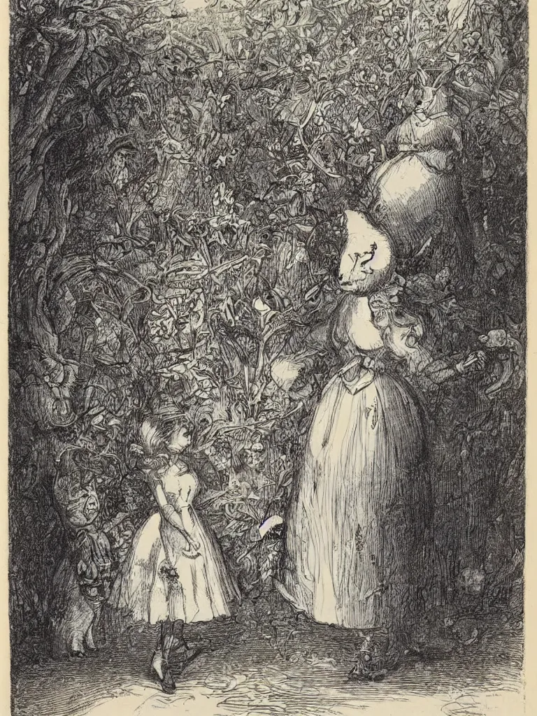 Image similar to Tenniel illustration portrait of Alice, walking in wonderland