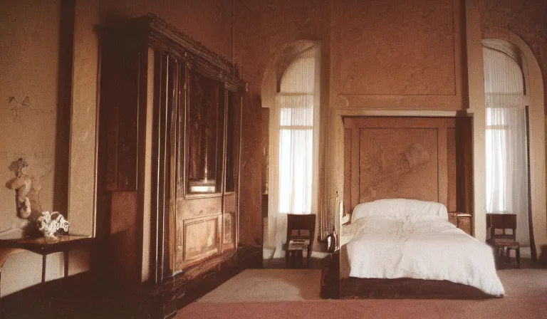 Image similar to A bedroom designed by Donatello, 35mm film, long shot