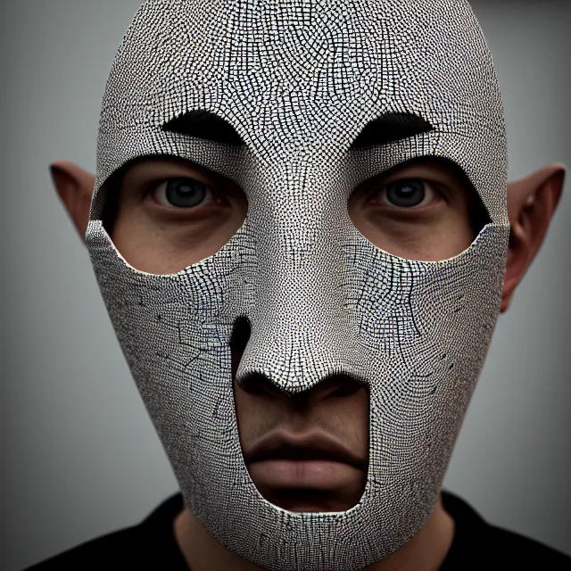 Prompt: an arresting! striking! beautiful!! portrait of a man wearing a mask made of porcelain tiles in abstract geometric patterns, hyper realism, neural pointillism, octane, cgsociety, 8 k