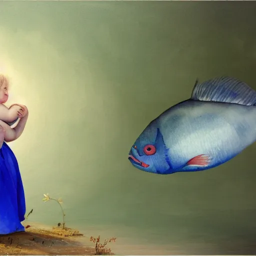 Image similar to a stylize oil painting in renaissance style of a very sweet little fat girl kissing a huge colorful cute fish. red mouth, blue eyes. flowery dress. hyper realistic scene. 3 d, octane render, deep focus, white scene. very funny and sweet image. unreal engine. watercolor. fellini style. poster quality. da vinci painting style. pencil illustration.