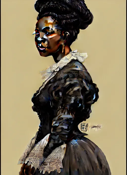 Image similar to 3 / 4 view of a portrait of a black woman in victorian clothing, confident pose, intricate, elegant, sharp focus, illustration, highly detailed, concept art, matte, trending on artstation, anime, art by james jean and artgerm and brian despain and alberto mielgo, greg rutkowski, wlop, ilya kuvshinov, strong strokes