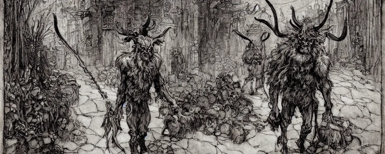 Image similar to Victorian Krampus horned satyr figure walking through a fantasy Victorian christmas village, art by arthur rackham, photorealistic, dark fantasy, book illustration style, 19th Century, 8K