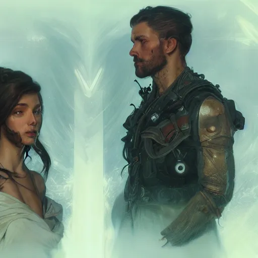 Image similar to portrait painting of a futuristic rugged male and female stood next to each other, colonisation, model pose, ultra realistic, concept art, intricate details, eerie, highly detailed, photorealistic, octane render, 8 k, unreal engine. art by artgerm and greg rutkowski and alphonse mucha