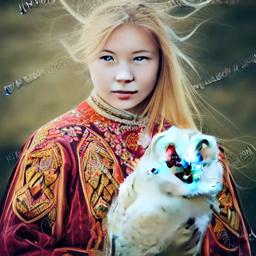 Image similar to symmetry!! portrait photograph of an extremely beautiful!!!! young blonde female with symmetric face. with a very detailed barn owl!!!!! on her shoulder. wearing mongolian traditional outfit in iceland. petzval lens. shallow depth of field. polaroid featured on flickr, art photography,