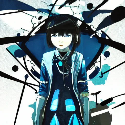 Image similar to Frequency indie album cover, luxury advertisement, blue filter, blue and black colors. Clean and detailed post-cyberpunk sci-fi close-up schoolgirl in asian city in style of cytus and deemo, blue flame, relaxing, calm and mysterious vibes, by Tsutomu Nihei, by Yoshitoshi ABe, by Ilya Kuvshinov, by Greg Tocchini, nier:automata, set in half-life 2, GITS, Blade Runner, Neotokyo Source, Syndicate(2012), dynamic composition, beautiful with eerie vibes, very inspirational, very stylish, with gradients, surrealistic, dystopia, postapocalyptic vibes, depth of field, mist, rich cinematic atmosphere, perfect digital art, mystical journey in strange world, beautiful dramatic dark moody tones and studio lighting, shadows, bastion game, arthouse