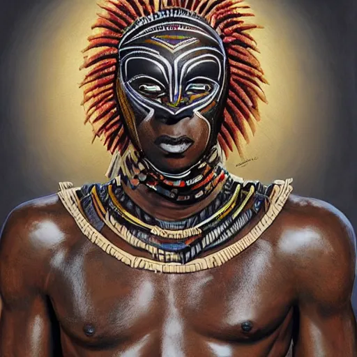 Prompt: a full body muscular male with an african mask, wearing an african armor, shaman, zulu, hamar, himba, karo, masai, samburu, by alex gray and android jones, karol bak, ilya golitsyn, ayami kojima, amano, black panther, moebius, concept art, character design, fantasy, 3 d, 8 k resolution