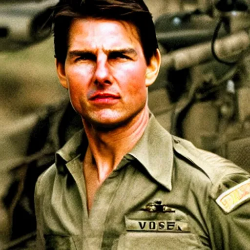 Image similar to Tom Cruise as a soldier in Vietnam, award winning historical photograph