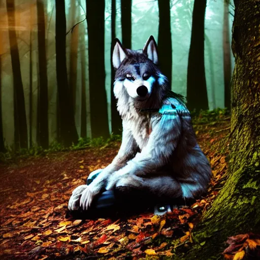 Image similar to realistic wolf fursuit, meditating in the forest, in the morning, fog, ambient light, photo