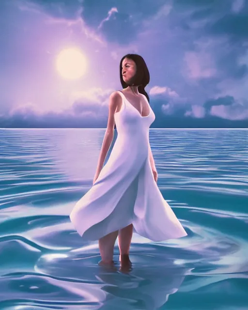 Image similar to a woman in a white dress standing in the water, an album cover by stanley twardowicz, trending on cg society, retrofuturism, retrowave, chillwave, synthwave