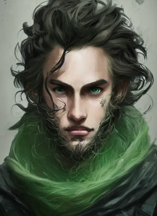 Prompt: a highly detailed illustration of young thick wavy messy haired guy wearing mechanical green face mask and brown noir coat, dramatic bored expression, intricate, elegant, highly detailed, centered, digital painting, artstation, concept art, smooth, sharp focus, league of legends concept art, wlop