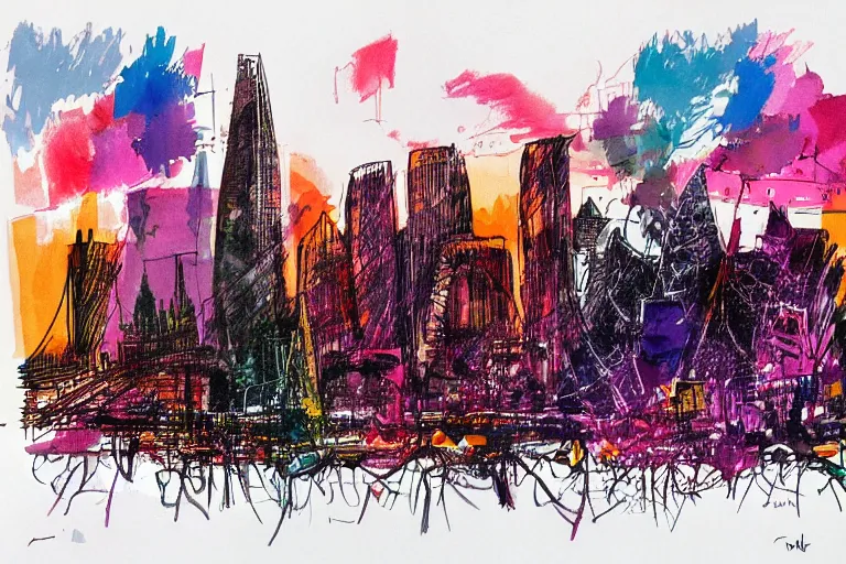 Image similar to color sketch of the london skyline, highly detailed, dramatic lighting, intense shadows, rich deep colours, by quentin blake