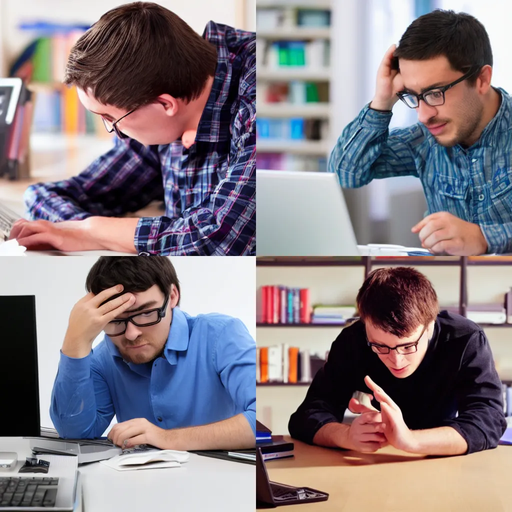 Prompt: a computer nerd with an open head searching for his brain on his messy computer desk