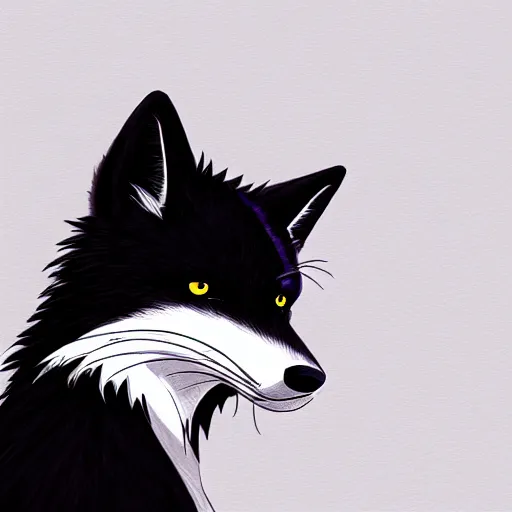 Image similar to close up of an anthro male black fox furry wearing an elegant suit, Studio Ghibli style, modern anime art