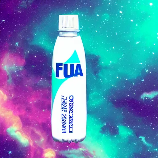 Prompt: a fiji water filled with space with a vaporwave background