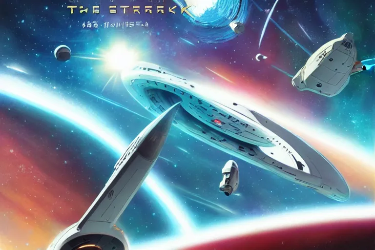 Image similar to Promotional poster for Star Trek the original series, shot on the deck of the Starship Enterprise, by Makoto Shinkai. Anime key visual,