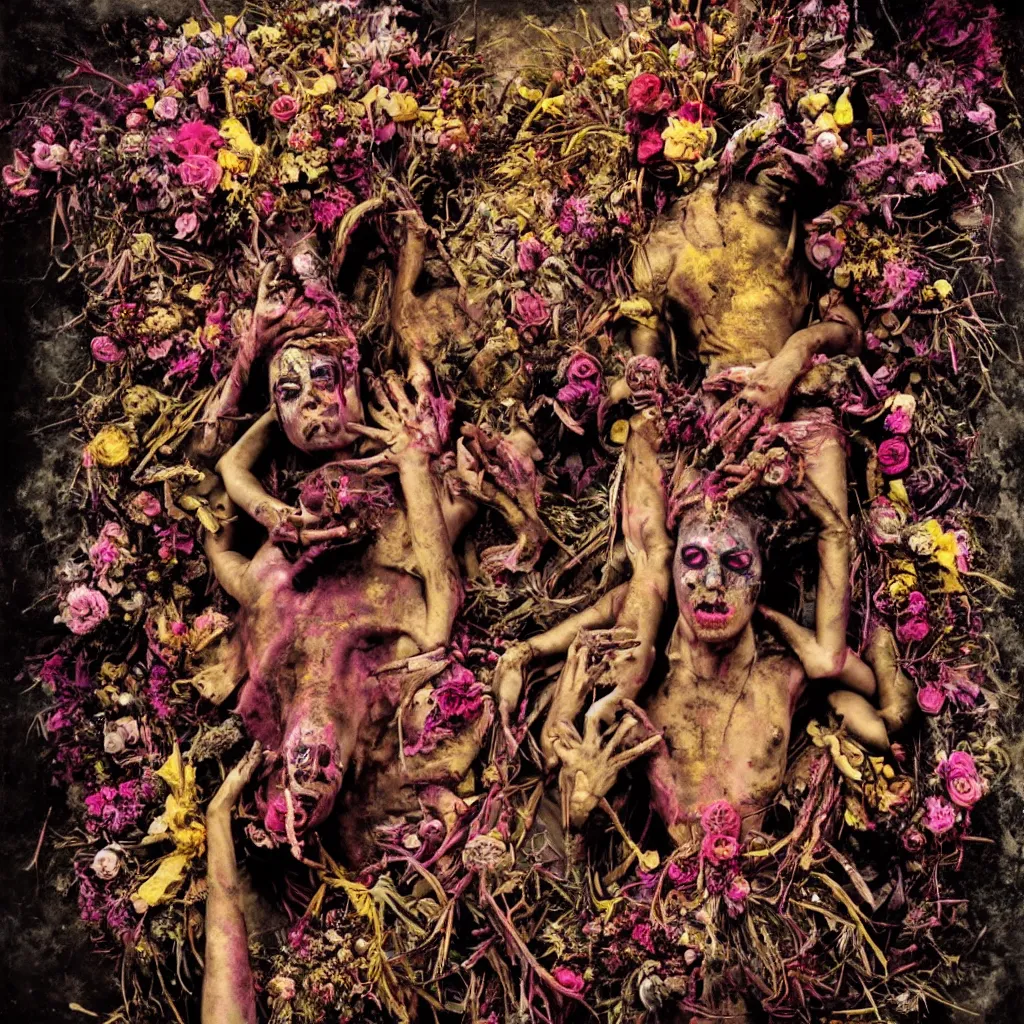 Image similar to award winning photo of sacred voodoo ritual, gold and concrete, human sacrifice, death, frantic, rotten flesh, flowers, evil cult, mysticism, vivid colors, weird and disturbing, symmetrical face, neon lights, studio lighting, wide shot art by sally mann & arnold newman