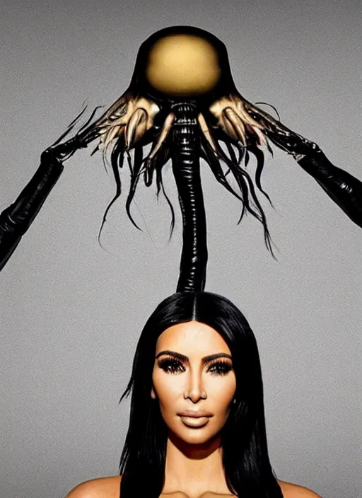 Image similar to photo still full pov of a kim kardashian with a alien facehugger over her face, cinematic full shot.