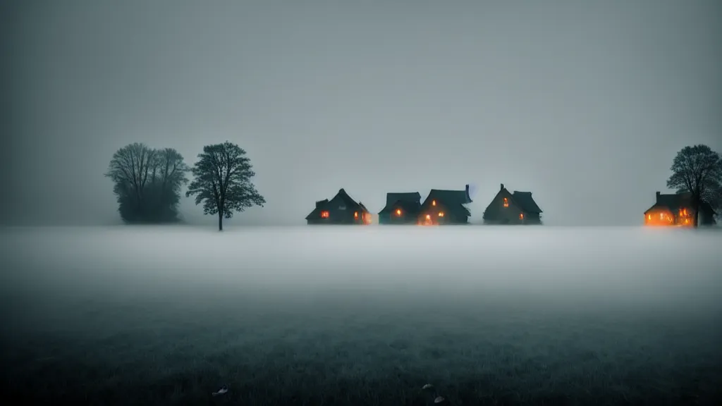 Prompt: village with beautiful houses in the fog on the lake, fog, volumetric lighting, mystique, atmospheric, conept art, sharp focus, ultra detailed, noir arthouse, 4 k, luminous details, cinematic, 3 5 mm, fujifilm