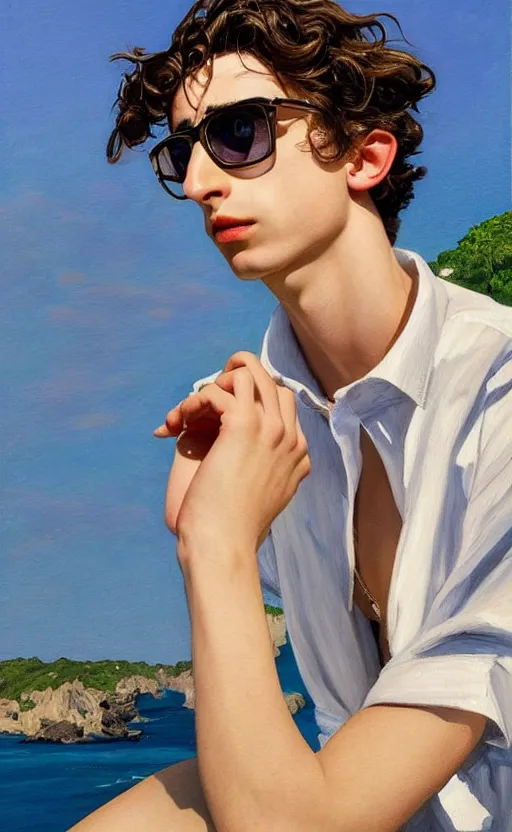 Image similar to Timothee Chalamet, the most beautiful androgynous man in the world, intense painting, sunny day at beach, tropical island, +++ super supper supper dynamic pose,  digital art, +++ quality j.c. leyendecker, limited edition, shiny, veiny hands, thick eyebrows, masculine appeal high fashion