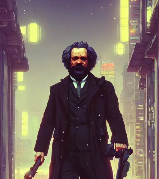 Image similar to highly detailed portrait karl marx in gta v, cyborg, cyberpunk, stephen bliss, unreal engine, fantasy art by greg rutkowski, loish, rhads, ferdinand knab, makoto shinkai and lois van baarle, ilya kuvshinov, rossdraws, tom bagshaw, global illumination, radiant light, detailed and intricate environment