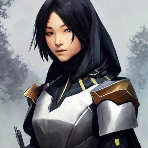 Prompt: cassandra cain in destiny hunter armor, white armor, wearing a hooded cloak, beautiful face!!!!, 2 7 years old, cg animation, realistic, character select portrait, by artgerm, greg rutkowski, alphonse mucha, 3 d