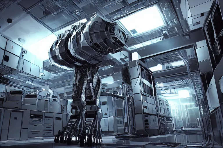 Image similar to parallax datacenter server room single mono colossus white rusty android robosaurus guard in artstation cinematic detailed concept art volumetric light sharp coherent cgsociety symmetric perfect server equipment