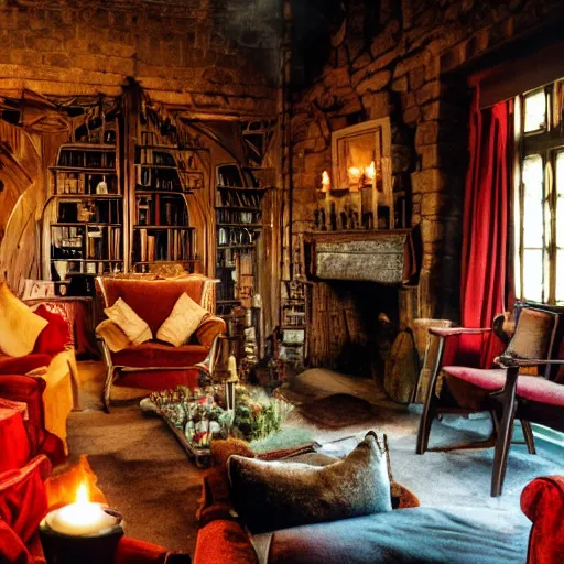 Image similar to A photograph of the Gryffindor common room, cozy arm chairs, a fire burning in the hearth, high ceilings, lit by many candles, light rays, magic aura, bloom, mysterious