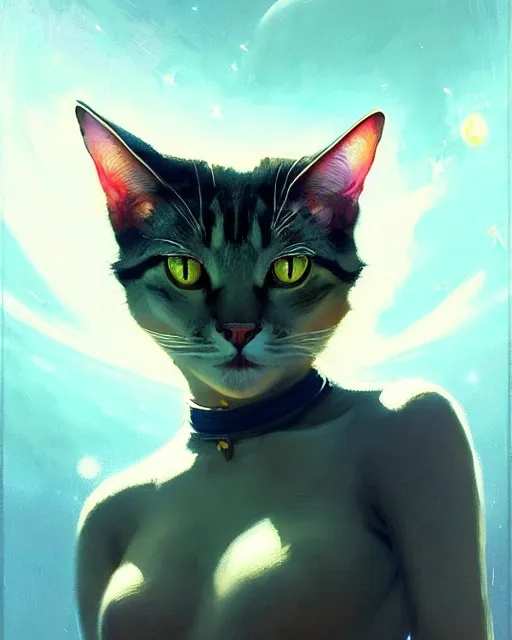 Image similar to a potrait of a space cat, fine details. night setting. realistic shaded lighting poster by ilya kuvshinov katsuhiro, artgerm, jeremy lipkin and michael garmash, unreal engine, radiant light, detailed and intricate environment