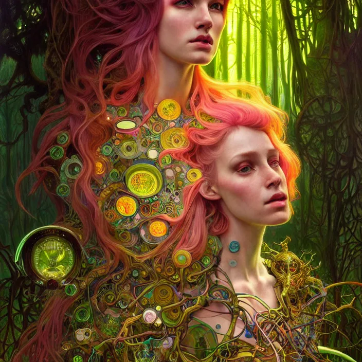 Image similar to bright psychedelic portrait of intelligent organic cyborg in an ancient forest, diffuse lighting, fantasy, intricate, elegant, highly detailed, lifelike, photorealistic, digital painting, artstation, illustration, concept art, smooth, sharp focus, art by John Collier and Albert Aublet and Krenz Cushart and Artem Demura and Alphonse Mucha