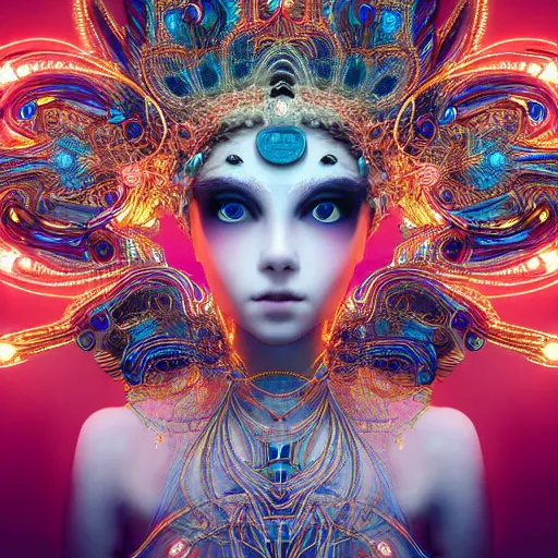 Prompt: stunning hyperdetailed symmetrical young princess with translucent porcelain skin, big electric eyes, ultra detailed ornate neon wire lacing, ultra detailed, mechanical peacock headdress, micro detail, by satoshi kon, sharp focus, ultra wide angle, volumetric rays, wooded background, 8 k