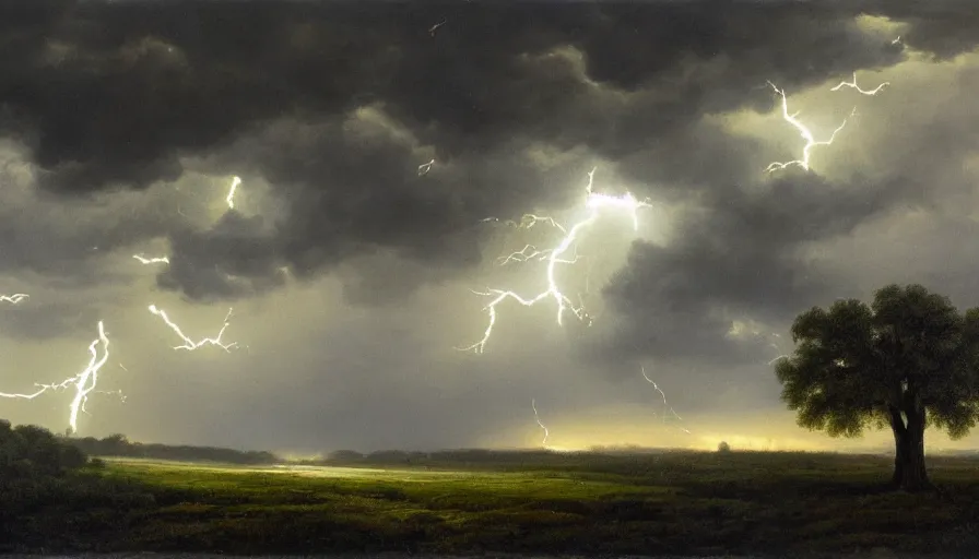 Prompt: A beautiful, highly-detailed oil painting of a lightning striking a lonely oak tree in the middle of a dark, stormy landscape