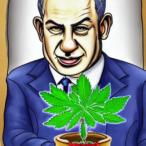 Image similar to a caricature of Benjamin Netanyahu holding a giant marijuana plant, detailed face, digital art, highly detailed