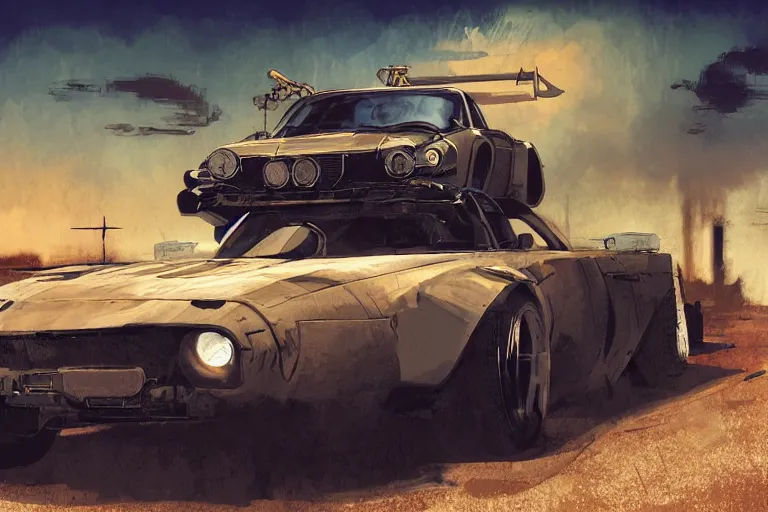 Prompt: digital illustration of mad max's tvr pursuit special, by makoto shinkai, ilya kuvshinov, lois van baarle, rossdraws, basquiat