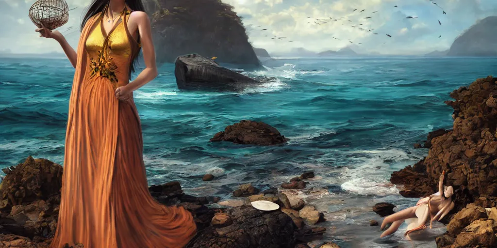 Image similar to ! dream photorealistic long shot of a dark mystical goddess wearing a qipao dress, big sun rough sea and jagged rocks, nets, plastic bottles, garbage, sand and sea, golden hour, ao dai, environmental, fantasy, atmospheric, hyper realistic, artstation, art by artgerm, andres rodriguez and john william waterhouse