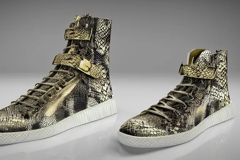 Image similar to one snakeskin hightop sneaker with neon illuminated soles on a white surface, clean 3 d render, beautiful studio lighting, soft, sharp focus, cyberpunk, intricate detail, gold filigree, art by iris van herpen and syd mead