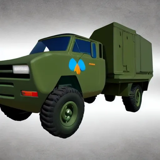 Prompt: HIMARS with eyes and smile, Cars Pixar movie style, detailed, green