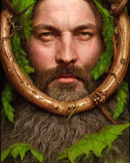 Prompt: forest druid with ram horns and leaves in his beard | highly detailed | very intricate | symmetrical | cinematic lighting | award - winning | closeup portrait | painted by donato giancola and mandy jurgens and brian froud | featured on artstation