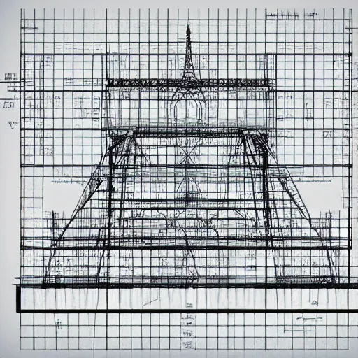Prompt: rejected design sketches for the eiffel tower blueprint technical drawing laid out on a grid