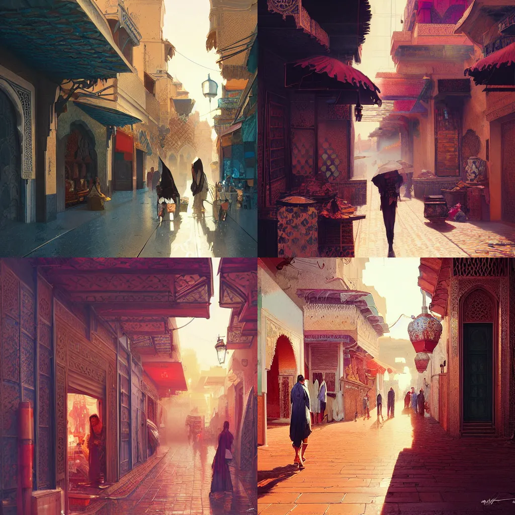 Prompt: marrakech streets, ornate, detailed, digital painting, artstation, concept art, smooth lighting, sharp focus, illustration, art by greg rutkowski and alphonse mucha, artgerm and alena aenami