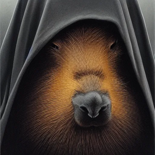 Image similar to a portrait of a capybara wearing a black hood, cloak covering face, anatomically correct, beautiful perfect face, enigmatic, oil painting, matte, black background, volumetric dynamic lighting, highly detailed, cinematic lighting, unreal engine, 8 k, hd, by beksinski