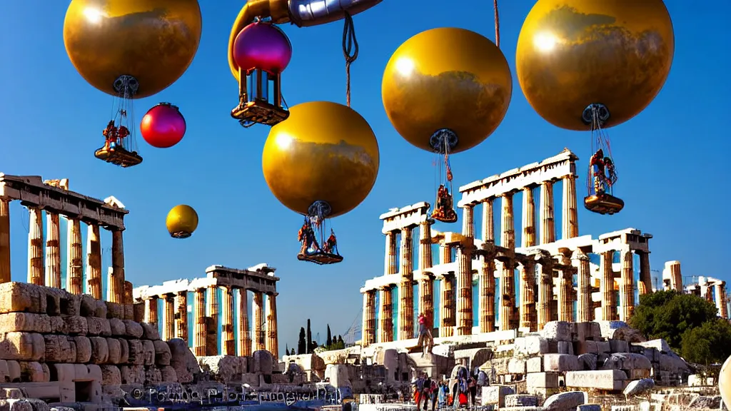 Image similar to large colorful futuristic space age metallic steampunk steam - powered balloons with pipework and electrical wiring around the outside, and people on rope swings underneath, flying high over the beautiful ancient athens acropolis landscape, professional photography, 8 0 mm telephoto lens, realistic, detailed, photorealistic, photojournalism