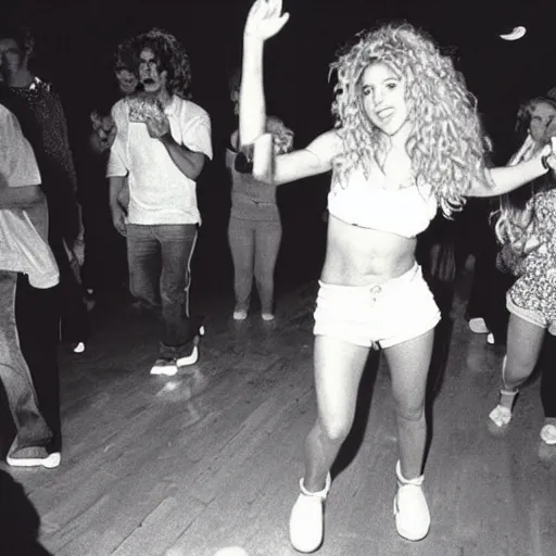 Prompt: Shakira dancing the cookie monster dance, in a nightclub, 1990 photograph