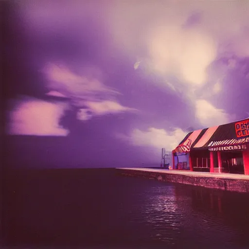 Image similar to film photography of a 1920s wooden gas station at night underwater in front of colourful underwater clouds by Kim Keever. In the foreground floats a seasnake. low shutter speed, 35mm