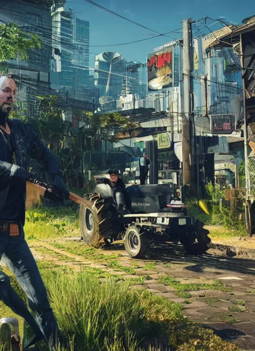 Prompt: wake up samurai we have a community to feed, solarpunk keanu reeves driving a tractor, cyberpunk 2 0 7 7, solarpunk, lots of plants, gardening, permaculture, anarchy, realistic, ultra detailed