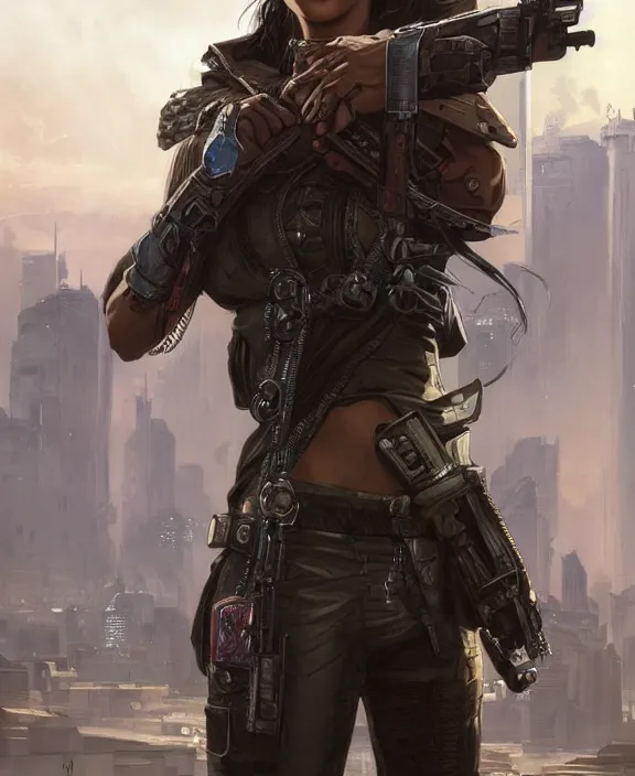 Image similar to cyberpunk mercenary with scenic background. portrait illustration. d & d, fantasy, intricate, elegant, highly detailed, digital painting, artstation, concept art, art by artgerm and greg rutkowski and alphonse mucha, boris vallejo