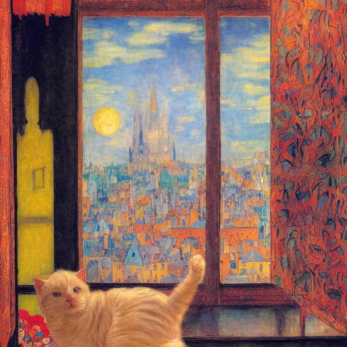 Image similar to dreamy fuzzy white cat sitting in a window, city with gothic cathedral. sun setting through the clouds, vivid colors. jan van eyck, agnes pelton, egon schiele, henri de toulouse - lautrec, utamaro, monet