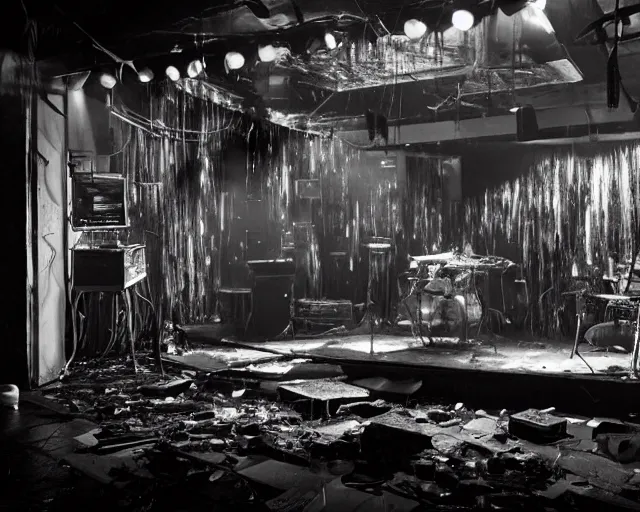 Prompt: diorama of a stage at a basement club, moody lights, broken computers and cables, glass shards, centered, composition by Tom Waits, 8k, concert documentary, b&w photography, cinematography by Jim Jarmusch, set design by Hundertwasser